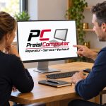 KI-generierte Symbolszene: persönliche IT-Beratung am Bildschirm mit Preisl-Computer-Logo