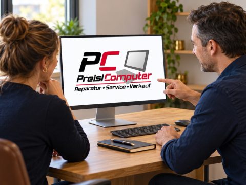 KI-generierte Symbolszene: persönliche IT-Beratung am Bildschirm mit Preisl-Computer-Logo